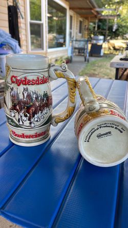 1983 Budweiser "Cameo Wheatland" Clydesdale Holiday Beer Stein $10ea $15both