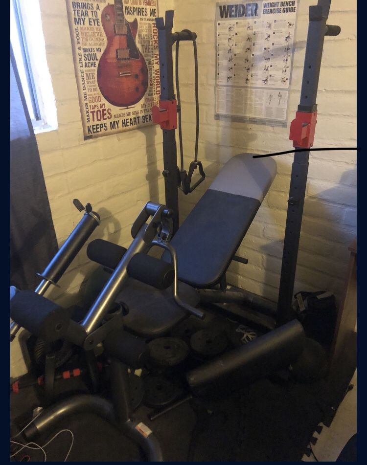 Weider Weight Bench + 100lbs Weights, Slam Ball, Barbell – Full Set!