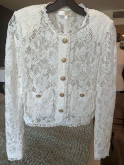 LoveShackFancy White Floral Lace Button Front Jacket Cardigan Gold Buttons Size S
