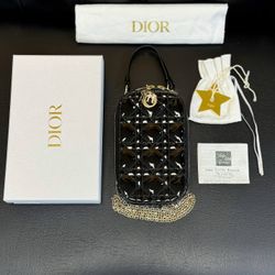 Lady Dior Call'in Dior Phone Holder Crossbody Black Patent Cannage Calfskin phone case mini bag full set