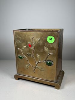 Antique Chinese Gem-Inlaid Copper Pen  Holder  / Vase