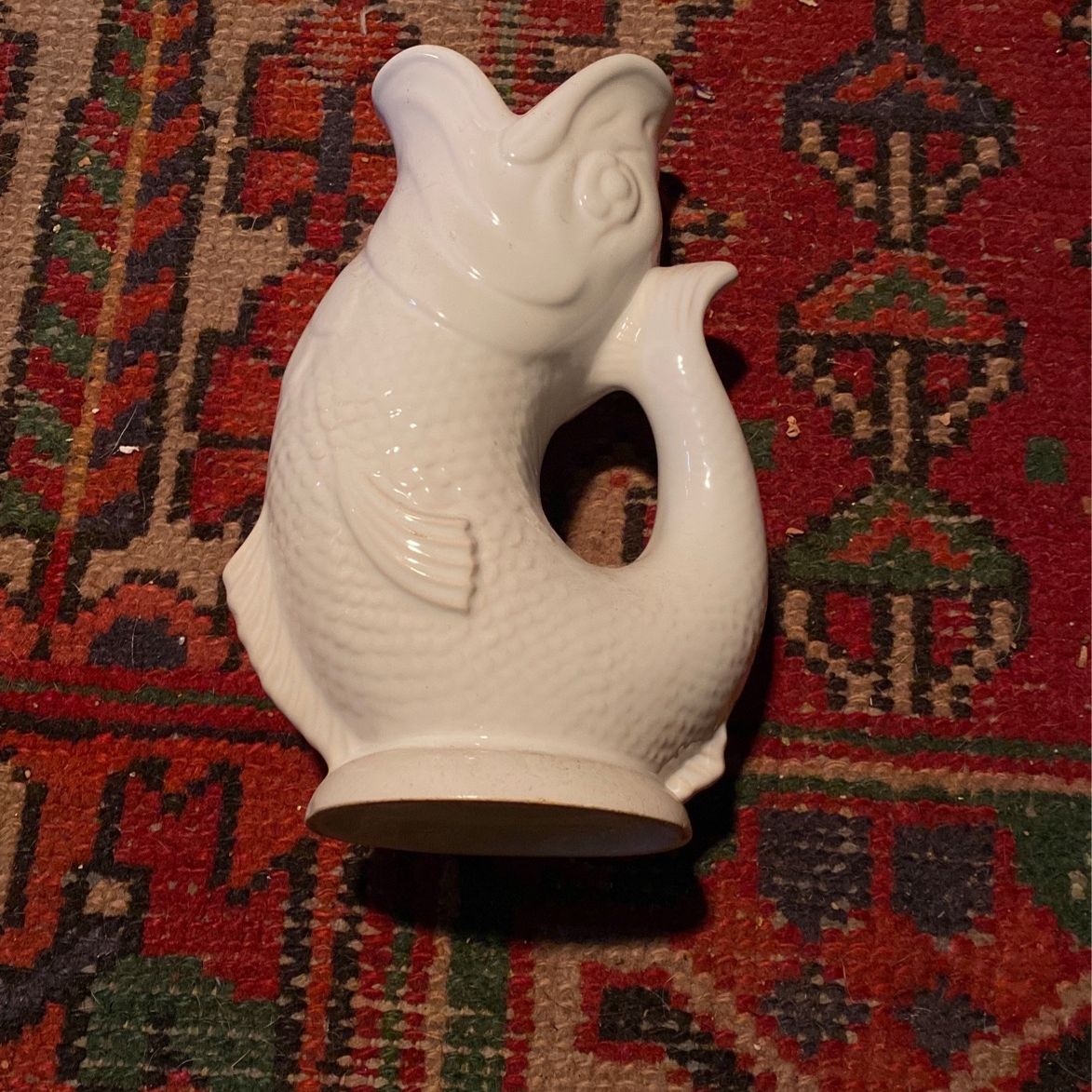 Vintage White Embossed Gurgling Fish Jug Pitcher