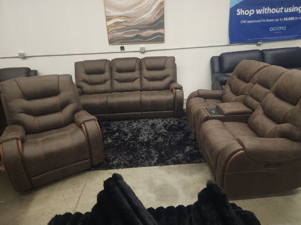 BRAND NEW JIASHAN YAGE SADDLE DUAL POWERED RECLINING 3PC LIVING ROOM SET W ISB & CHARGING PAD