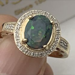10K Gold Natural Rare Opal W/ Accent Genuine Diamonds Ring