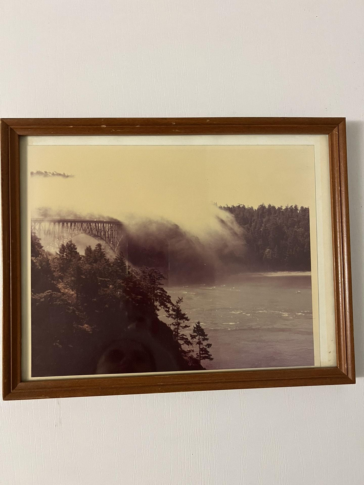 Vintage Deception Pass Bridge Photograph – Washington State – Framed Sepia Print (1960s–1970s)