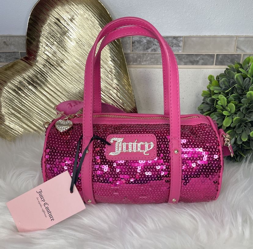 NEW Juicy Couture Hot Pink Sequined Queen Of Everything Barrel Bag