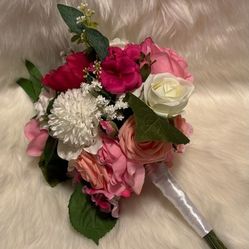 New Bride Or Quinccenita Bouquet Silk Florals Pinks And White, See Photos 