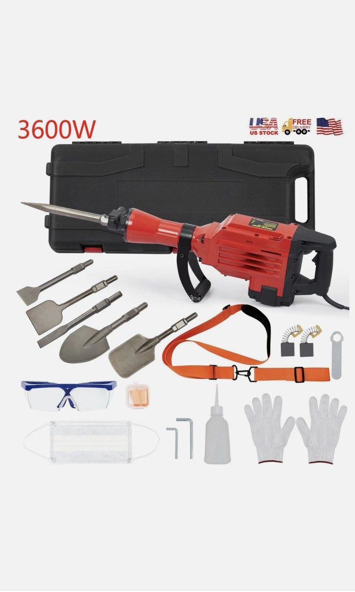 3600W Demolition Jack Hammer Electric Concrete Breaker 1800 BPM W/ 6 Chisels Kit