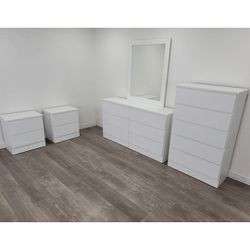 White Dresser With Mirror, Chest And Two Nightstands 