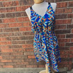 Francescas Geometric Dress Womens Medium Blue Strappy Crisscross Back Sundress