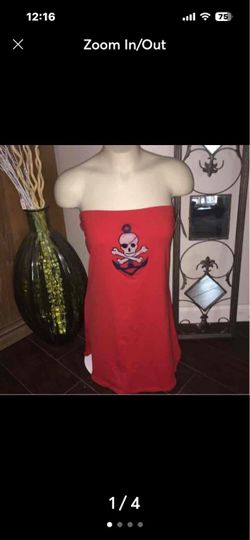 Red Strapless large HURLEY Mini Dress pirate Skull Anchor Graphic