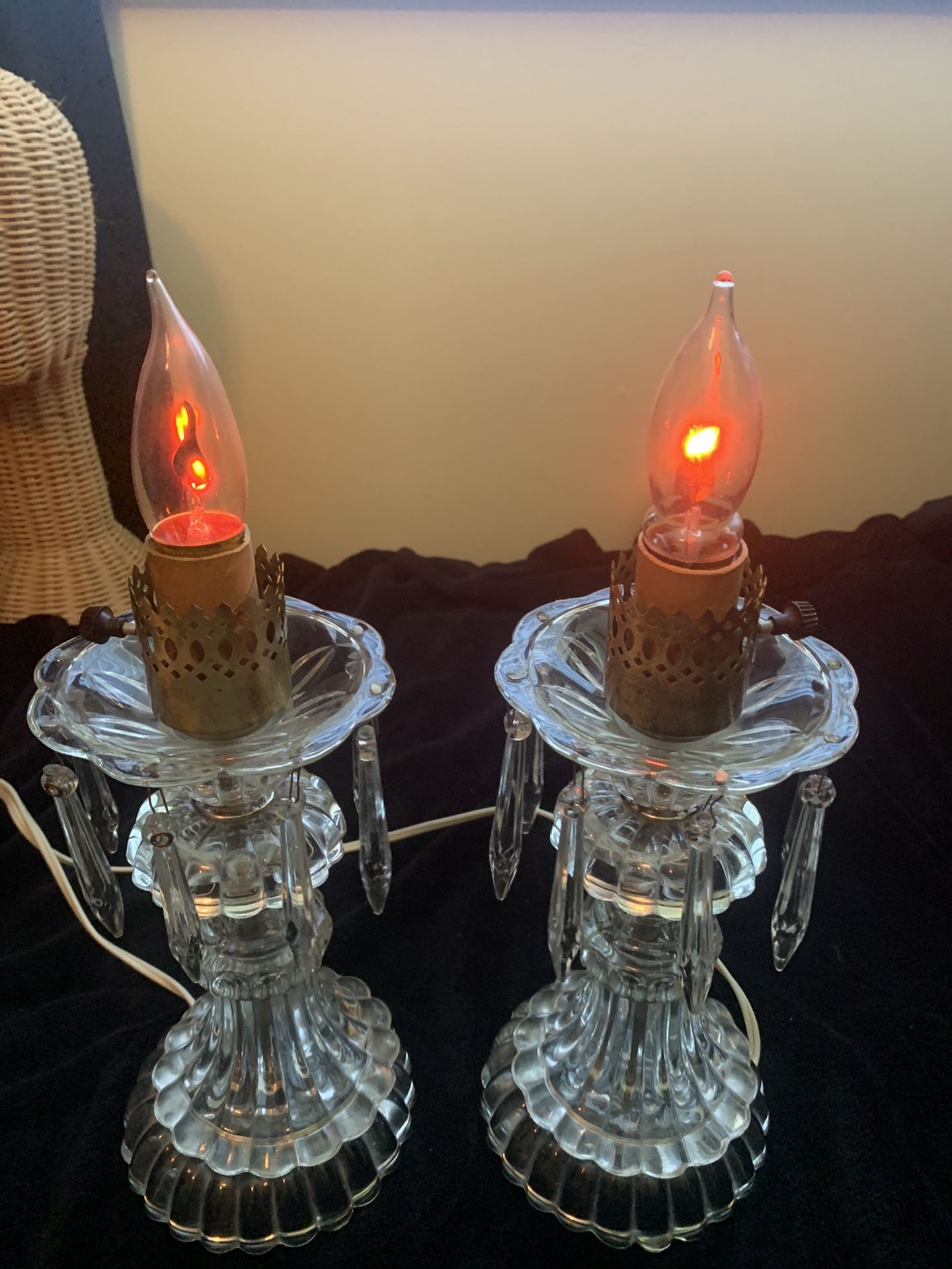 Pair Of antique crystal prism lamps.