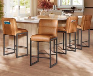 Bar Stools Set of 4, Counter Height Stools with Backs, 26.4-Inch Barstools Chairs, Synthetic Leather with Stitching, Mid-Century Modern, Dining Kitche