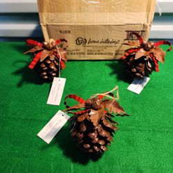 NEW VINTAGE Home Interiors METAL Pincone Bell Tree Xmas Wreath Ornaments Set Of 3