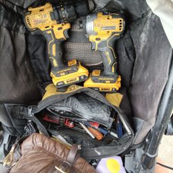 Two DeWalt Drills And Misc Tools And DeWalt Tool Bag