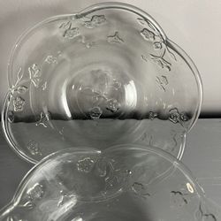 Vintage Clear Glass Bowls glass w/ embossed PETUNIA flowers Scalloped Edges Salad bowl Snack Bowl