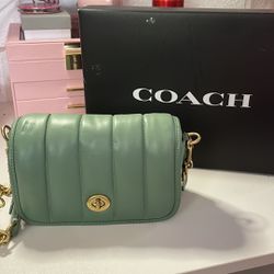 COACH Dinky 18 With Quilting Shoulder Flap Bag In Washed Green Leather