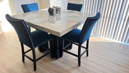 Marble Top Dining Table with 4 Blue Chairs