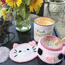 Hello Kitty Crochet Mug Cozy and Coaster Set – Handmade Cute Pastel Gift
