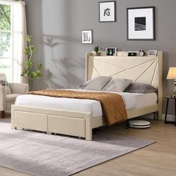 NEW in Box Full Size Bed with 2 Storage Drawers, Headboard and USB Charging - No Box Spring Needed, Queen Size, Beige