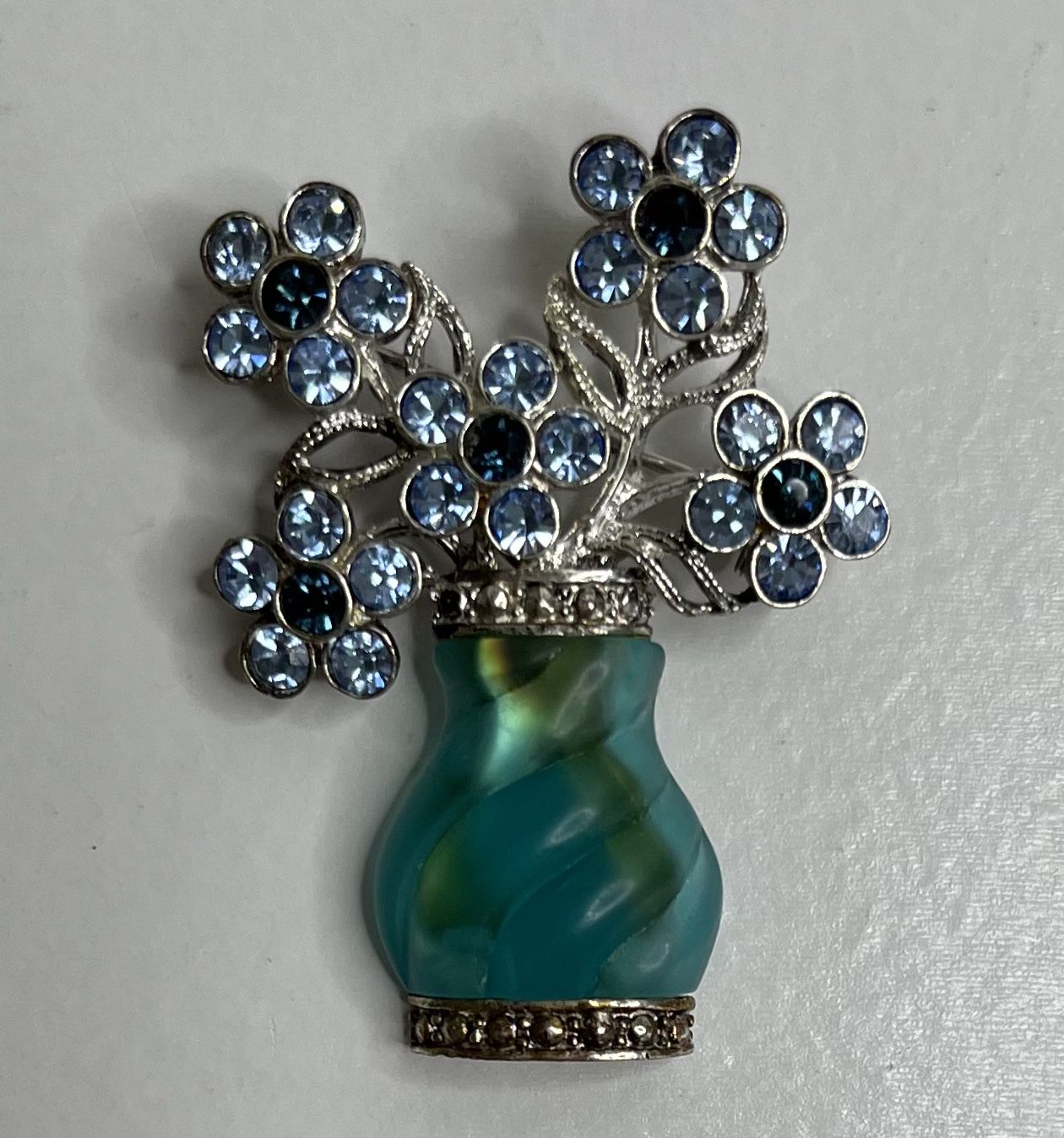Vintage Avon Flower Bouquet Vase Silver Tone With Blue Rhinestones Brooch Pin