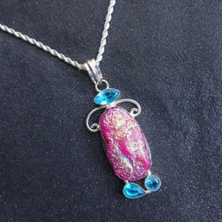 Sterling silver pink druzy and blue topaz necklace new 
