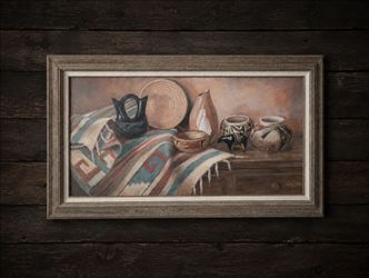 Large Original Southwestern Oil Painting – Native American Pottery & Textiles – 42.5”