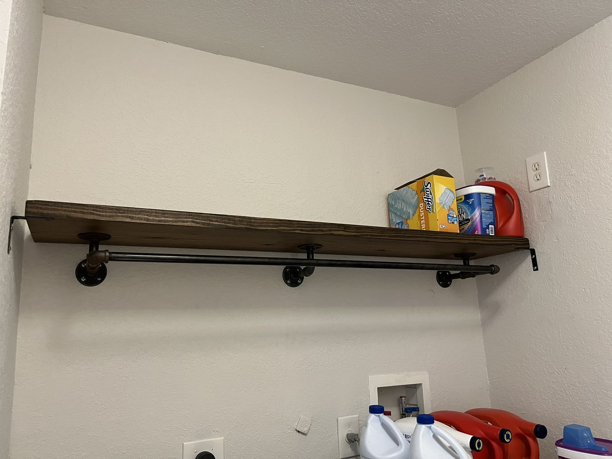 Laundry Room Wood Shelf Industrial Organizer With Iron Rods Rustic Home Decor