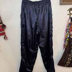 VINTAGE ELLESSE WARM UP JOGGER PANTS SZ 2 NAVY BLUE LINED DRAWSTRING LEG ZIPPERS