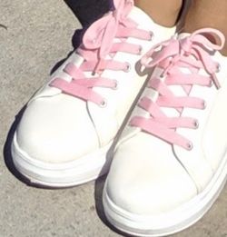 Womens white sneakers with pink laces