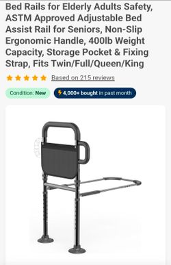 Bed Rails for Elderly Adults Safety, ASTM Approved Adjustable Bed Assist Rail for Seniors, Non-Slip Ergonomic Handle, 400lb Weight Capacity, Storage P