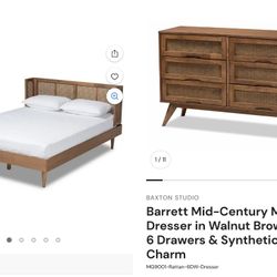 Walnut Ash Mid Century Modern Rattan Full Size Bed Frame And Dresser Tv Stand