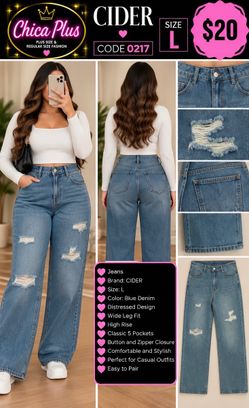 Cider Blue Denim Distressed Wide Leg Jeans Size L