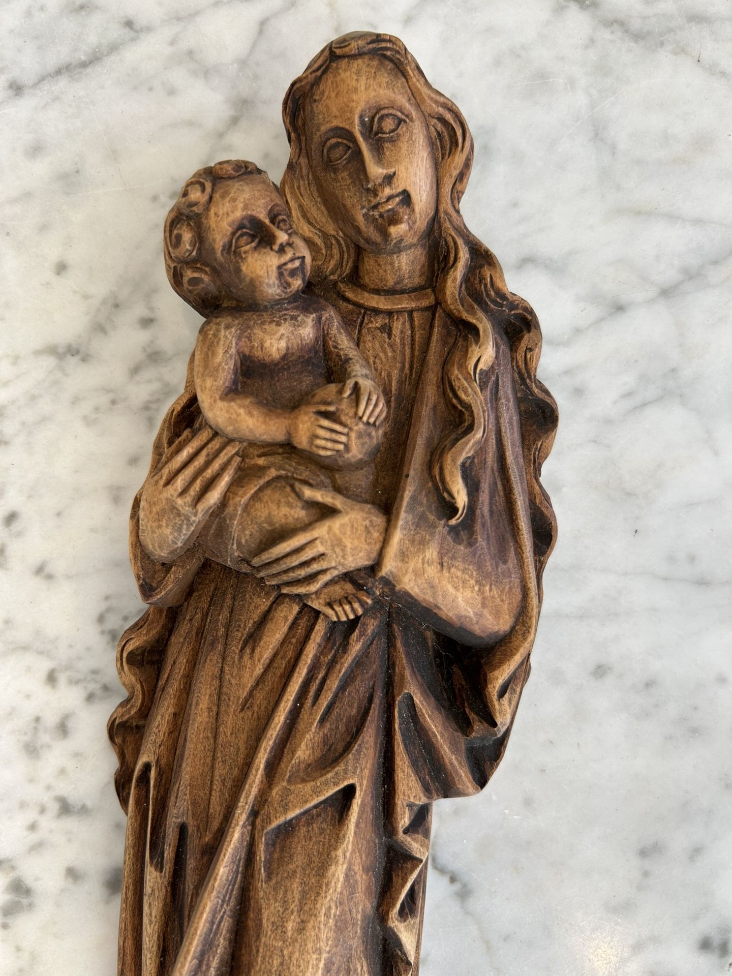 Vintage Madonna and Child Wall Mount Wood Carving Made in Western Germany Wall Art Mary Jesus Antique Collectible 
