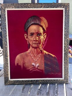 Pair Mid Century Red Velvet Portraits