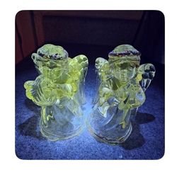 set of 2 Mikasa Clear Glass Sweet Angels Candle Holders 4" Tall THEY GLOW! 