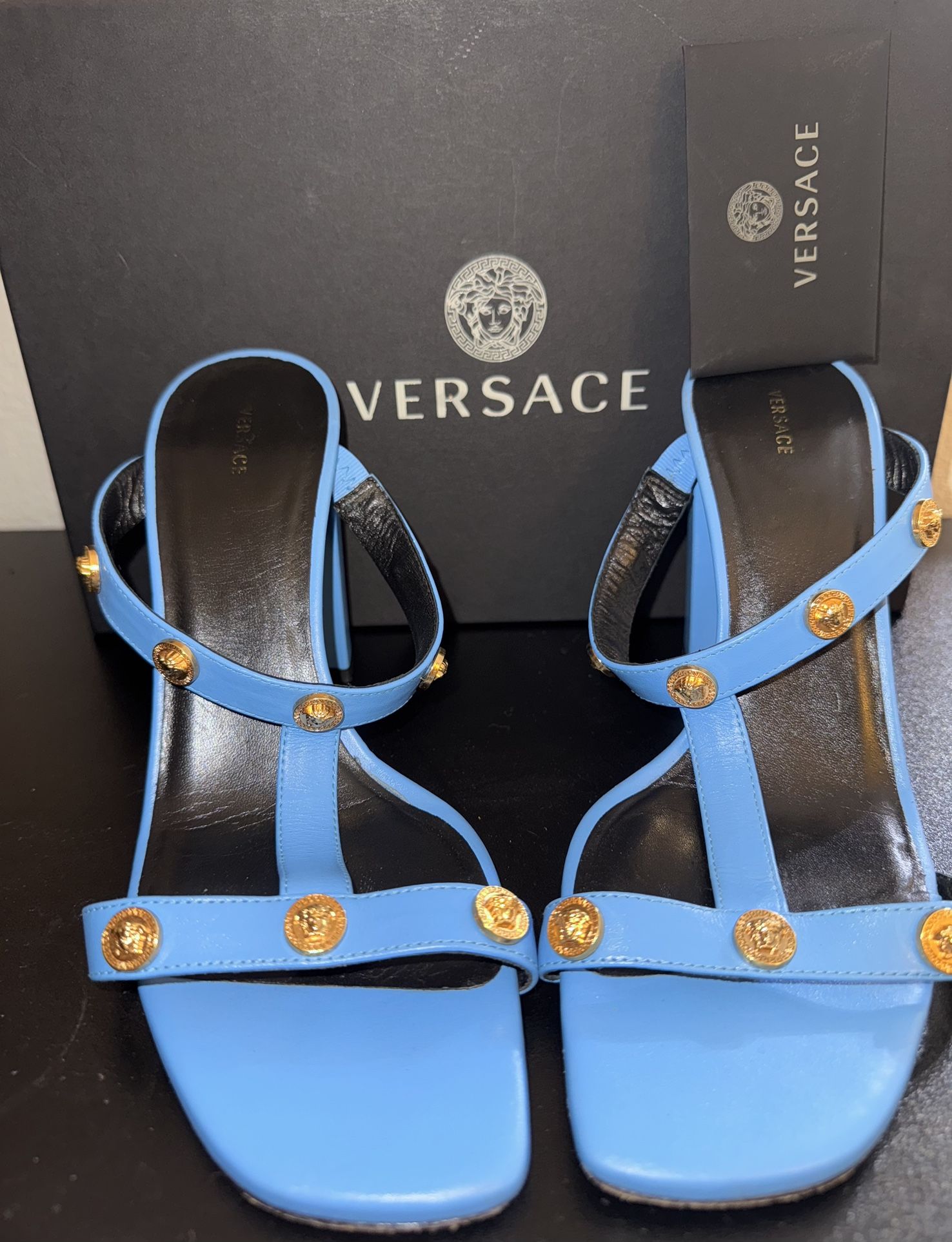 Authentic Dv Blue-Oro Versace Sandal and Matching Heel With Authentication Card and Box