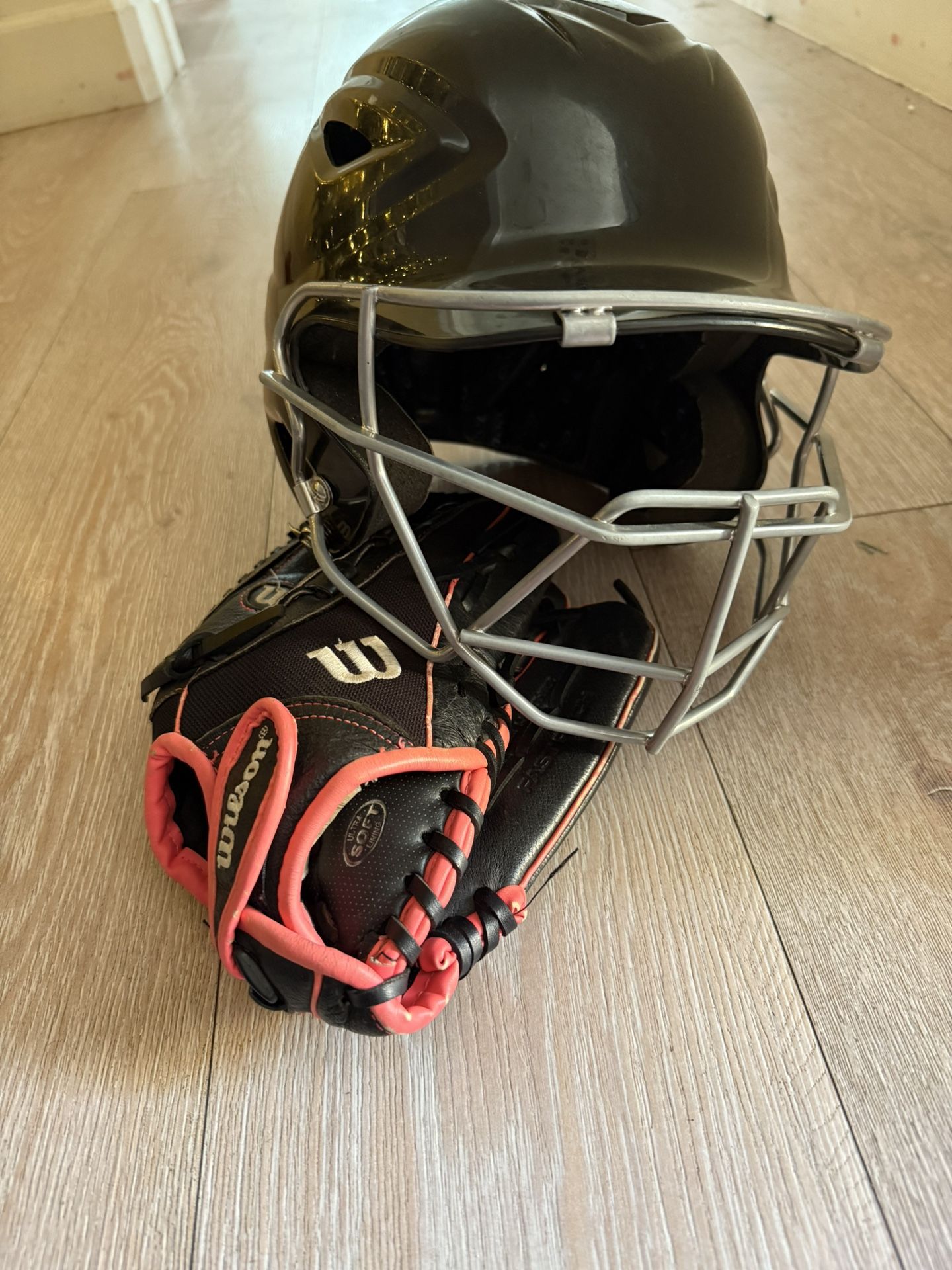 Softball Helmet, Batting Gloves And Softball Glove