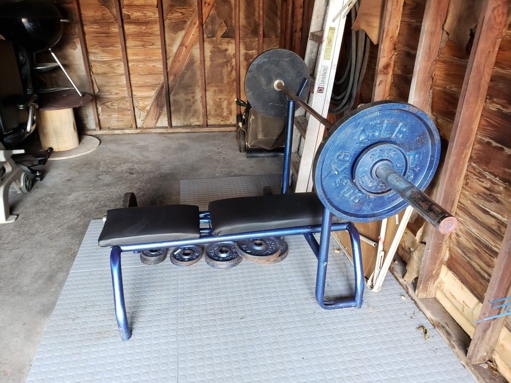 Brench Press, curl bar, weights