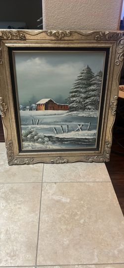 An  original mid-20th-century oil on canvas winter landscape painting by American artist Everett Woodson (1933–2016),