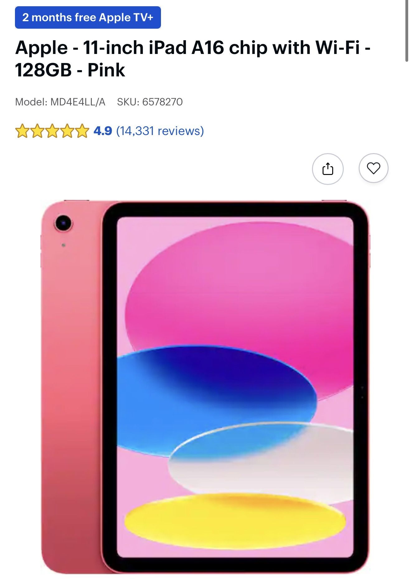 NEW Apple - ipad (A16) WiFi ( Pink) 128GB