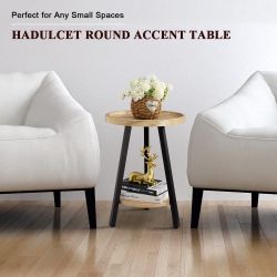 Natural Wood Tone Double-Layered Circular Side Tables