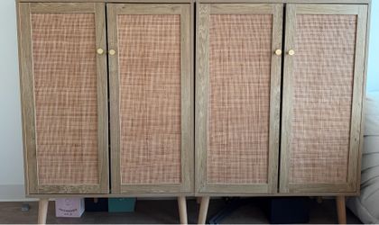Move out deal- Pair of Oak & Rattan Storage Cabinets