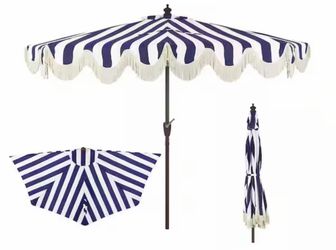 Beverly 9 ft. Scalloped Fringe Half Market Patio Umbrella Navy/White