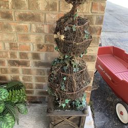 Topiary Plant With Wood Planter For Porch or Inside 