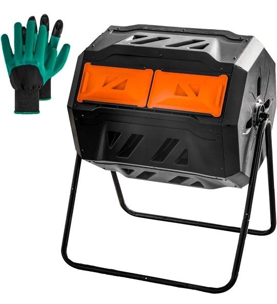 Compost Bin Outdoor, 43 Gallon Dual Chamber Tumbling Composting Bin with Sliding Doors, Tumbler Rotating Batch Composter Bin