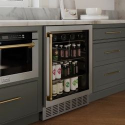 ZLINE Autograph Edition 24 in. Monument 154 Can Beverage Fridge in Stainless Steel with Champagne Bronze Accents