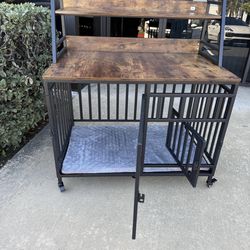Furniture style dog crate side table with shelves, Rustic Brown