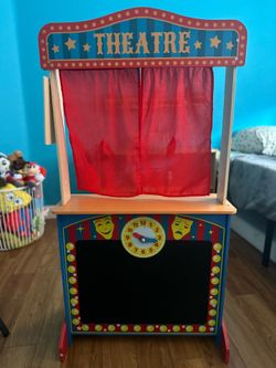 Wooden Puppet Theater for Kids, Double-Sided Play Store with Curtains