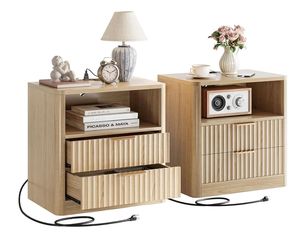 Night Stand Set of 2, Modern Nightstand with Charging Station, Drawers and Open Shelves - Bedside Table Wood Side Table Set for Bedroom, Oak